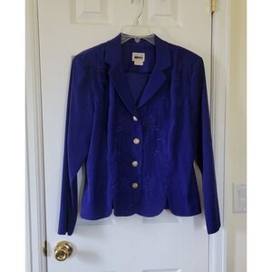 Leslie Fay Royal Blue Embroidered Faux Suede Blazer Jacket Size 14 0103574